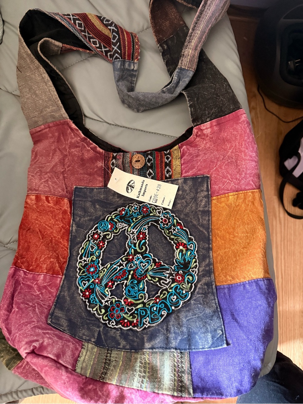 Bohemian Multicolor Patchwork Shoulder Bag with Embroidered Peace Design